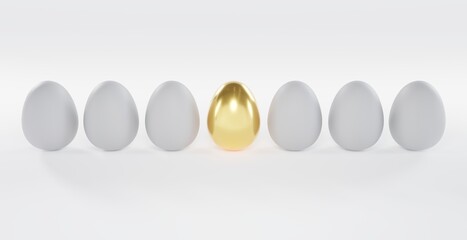 Eggs standing in a row with a golden egg in the center, illustration on the theme of choosing the best 3d render