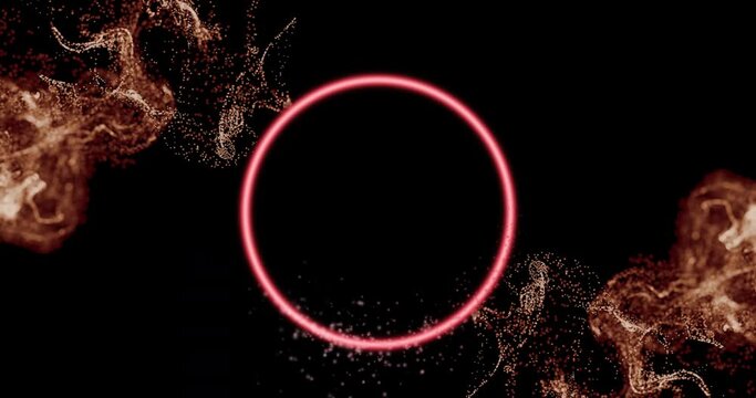 Animation of neon circle over black background with smoke
