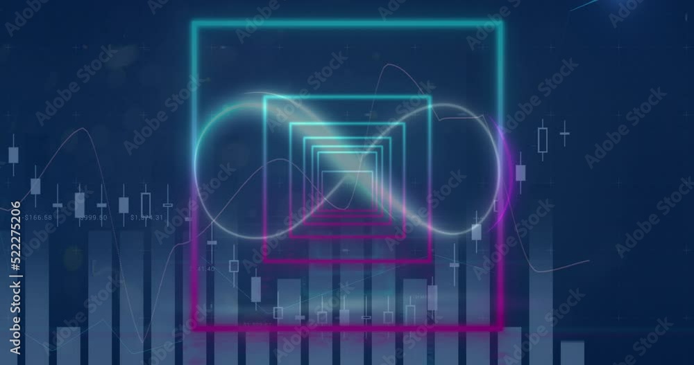 Poster animation of neon infinity over digital screen with squares and graphs