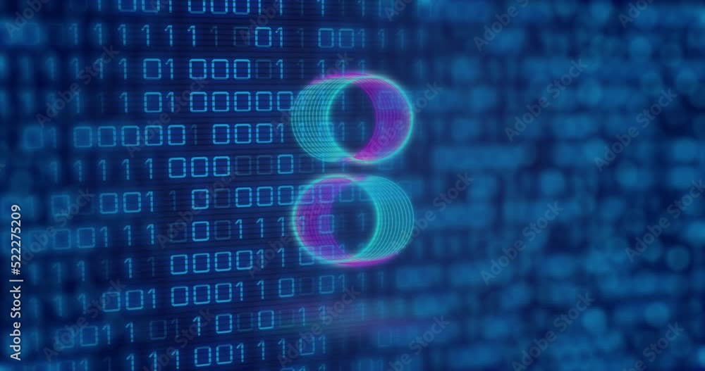 Poster animation of neon circles over digital screen with binary code