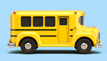 wintage toon yellow school bus 3d render on blue gradient - obrazy, fototapety, plakaty