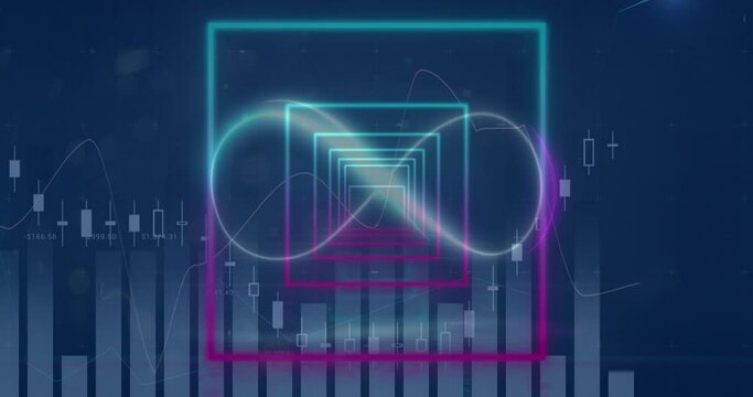 Animation of neon infinity over digital screen with squares and graphs