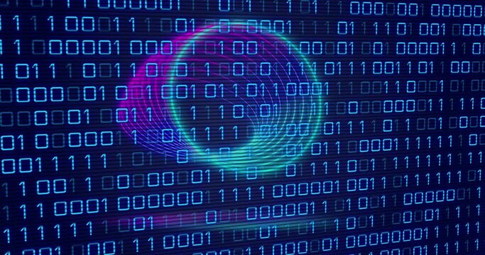 Animation of neon circles over digital screen with binary code