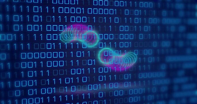 Animation of circles over binary code on navy background