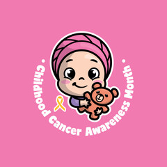 A CUTE GIRL IS HUGGING A TEDDY BEAR. CHILDHOOD CANCER AWARENESS MONTH CARTOON LOGO