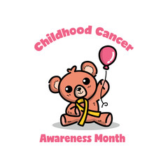 CUTE TEDDY BEAR IS HOLDING A BALLOON AND YELLOW RIBBON. CHILDHOOD CANCER AWARENESS LOGO