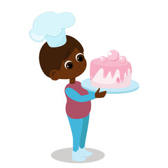 The boy is holding a huge cake in his hands. The child is happy and wearing a chef's hat. Character design isolated on white background.