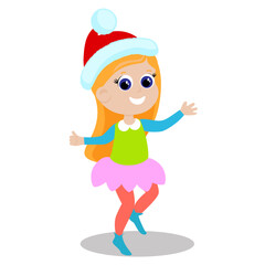 The girl is wearing a Santa Claus hat. The child is happy and jumping. Character design isolated on white background.