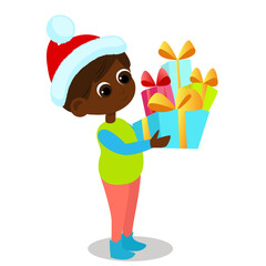 The child is holding a lot of gifts tied with ribbons. The child is happy and smiling. Character design isolated on white background.