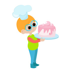Little cute boy holding a cake in his hands. The child is wearing a chef's hat and glasses. Cute character isolated on white background.