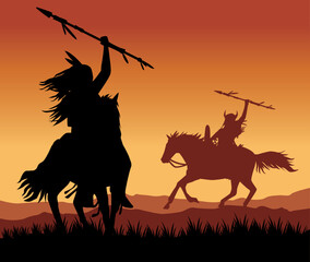 Fototapeta na wymiar natives warriors in horses sunset
