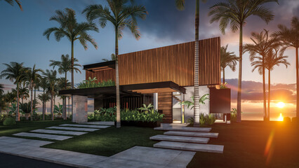 Fototapeta na wymiar 3d rendering of modern cozy house with parking and pool for sale or rent with wood plank facade by the sea or ocean. Sunset evening by the azure coast with palm trees and flowers in tropical island