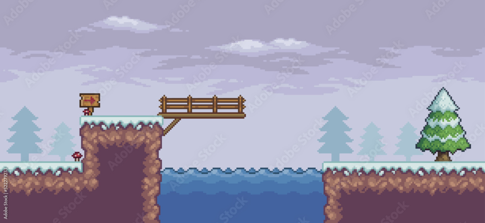 Aufkleber pixel art game scene in snow with pine trees, bridge, lake and clouds 8 bit vector background