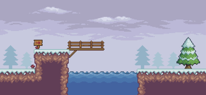 Pixel art game scene in snow with pine trees, bridge, lake and clouds 8 bit vector background