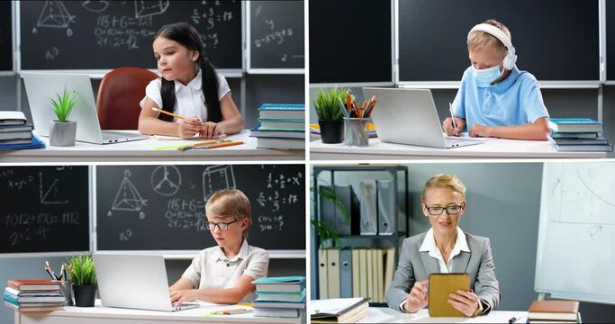 Collage of school kids studying at school class using laptops. Caucasian teen boys learning indoor with laptop. Education. Female teacher working at school. Children study in classroom. Multi screen