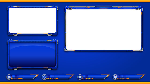 Tech Blue Mist overlay for streamers. Features a web cam section, four recent event panels, chat box section and desk viewing area. You can add your own logo below the desktop area if you choose.