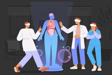 Metaverse. Flat vector illustration with group student or interns wearing virtual reality glasses are practicing virtual treating patients. Concept of digital learning space.