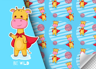 Fototapeta premium Cute cartoon hero giraffe character. Kids card and seamless background pattern. Hand drawn design vector illustration.