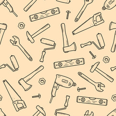 Seamless pattern Construction tools, doodle vector set of repair elements, cartoon icons.