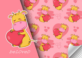 Cute cartoon giraffe character holding love heart. Kids card and seamless background pattern. Hand drawn design vector illustration.