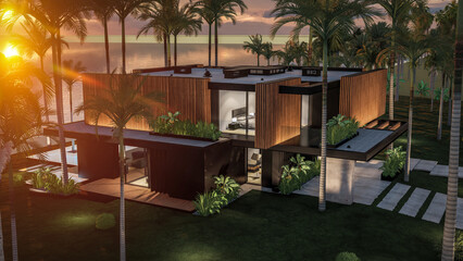 3d rendering of modern cozy house with parking and pool for sale or rent with wood plank facade by the sea or ocean. Sunset evening by the azure coast with palm trees and flowers in tropical island