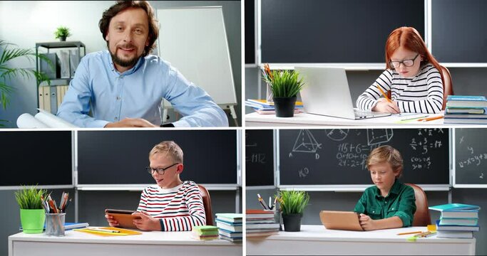 Collage of children studying online using gadgtes. Handsome young male teacher speaking at camera during online lesson with kids. Different pupils boys and girl learning on laptop. School education
