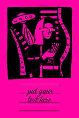 Naklejka na ściany i meble Card design with Illustration of a girl from the galaxy on pink