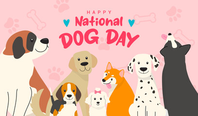 Happy national Dog day greeting card vector design. Cute cartoon dogs on pink pattern background - obrazy, fototapety, plakaty