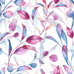 Square seamless pattern with soft vintage watercolor purple branches with leaves. Wallpapers and wrapping paper design in high resolution