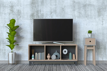 interior living room with smart tv, cabinet, sofa and decorations. 3d render