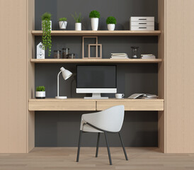 3D render of interior living room workspace with desk and desktop computer