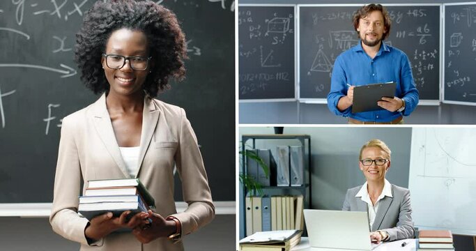 Collage of mixed-race male and female teachers indoors at work. Woman with books at school. Man professor working in class during lesson. Deen works typing on laptop n office. Education concept