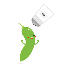 Cute cartoon style edamame, green soy beans character showering in salt. Edamame with salt snack conception.
