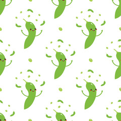 Cute smiling edamame, green soy beans characters presenting, juggling small edamame beans vector seamless pattern background.
