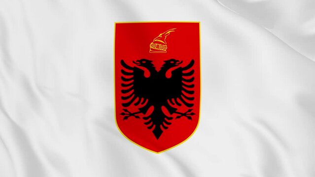 national emblem coat of arms or symbol of  albania in waving flag. smooth 4k video seemless loop