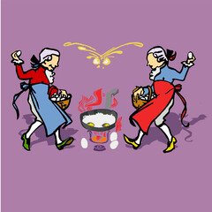 two chefs fry the eggs over an open flame