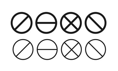 Set of bold and light do not black circle crossed sign, don't doing something, stop or prohibited isolated sign