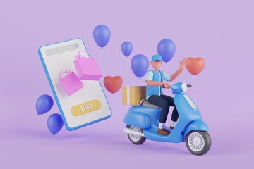 3d rendering of fast delivery service by scooter. Courier service Delivery. stack parcels box with logistics transportation service concept. 
