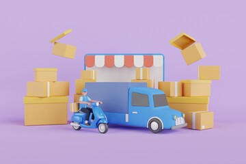3d Transportation shipment delivery by truck , scooter. Delivery service and cardboard box. 3d render illustration
