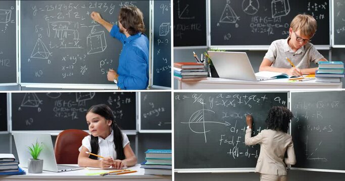 Rear of multi-ethnic male and female teachers at blackboard writing formulas with chalk teaching mathematics at school. Maths lecture. Little children learning online using laptop. Collage montage