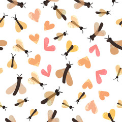 Seamless pattern with cute childish moths and hearts White background Flat cartoon style with watercolor texture Vector illustration for wrapping paper, textile, fabric, packaging, nursery decoration