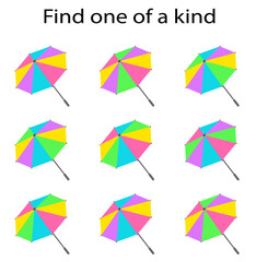 Fun education game for kids. Need to find one of a kind umbrella. Kids activity page. Vector illustration