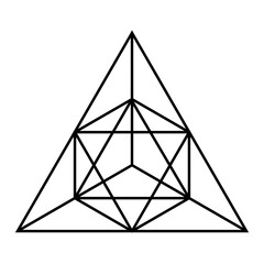 A simple geometric 3d effect line art symbol of a hexagon shape with a star at the center inside a triangle in black outline color, PNG transparent background