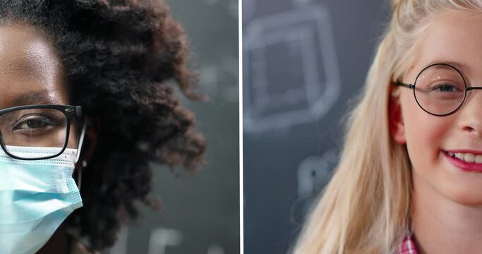 Close up of half face of African American adult young woman in medical mask indoors. Half of face of Caucasian little teen girl in glasses smiling to camera. School education. Collage, split screen