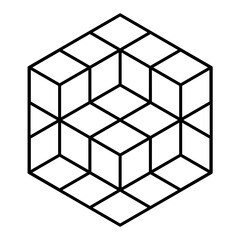 Geometric hexagon motif in black outline with 3d cubes forming an optical illusion, PNG transparent background