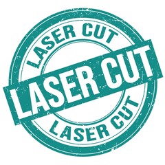 LASER CUT text written on blue round stamp sign