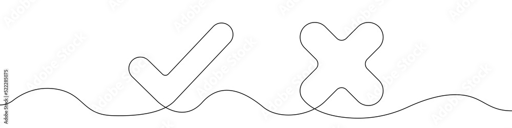 Poster check mark and cross icon line continuous drawing vector. one line check mark and cross icon vector 