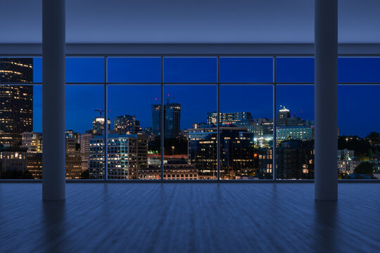 Empty room Interior Skyscrapers View. Cityscape Downtown Seattle City Skyline Buildings from High Rise Window. Beautiful Real Estate. Night time. 3d rendering.