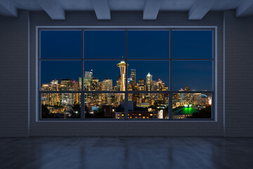 Empty room Interior Skyscrapers View. Cityscape Downtown Seattle City Skyline Buildings from High Rise Window. Beautiful Real Estate. Night time. 3d rendering.