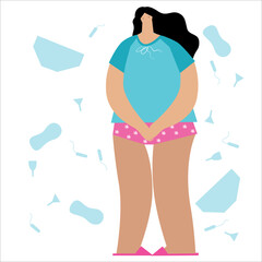 A full-length woman holds her stomach with her hands.